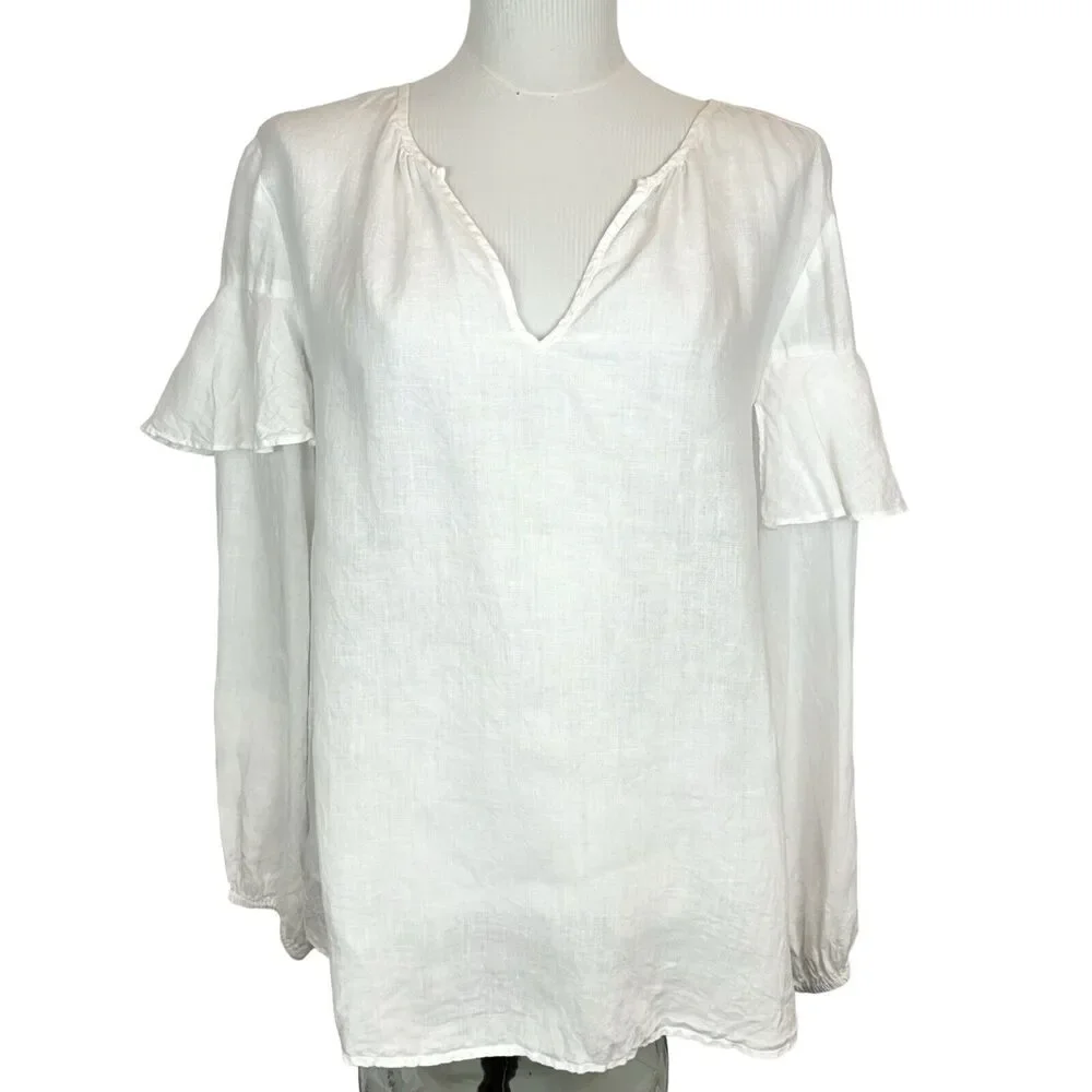 Velvet Womens Linen Tyra Ruffled Long-Sleeve Peasant Boho Top‎ Sz Large White - Picture 2 of 13